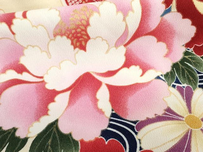 平和屋着物●小振袖　二尺袖　流水草花文　金彩　洗える着物　未使用　AABG6681cs