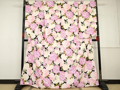 平和屋着物●ファッションブランド　hiromichi nakano　ヒロミチナカノ　小振袖　二尺袖　草花文　黒地　洗える着物　AABG6687cs