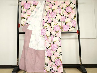 平和屋着物●ファッションブランド　hiromichi nakano　ヒロミチナカノ　小振袖　二尺袖　草花文　黒地　洗える着物　AABG6687cs