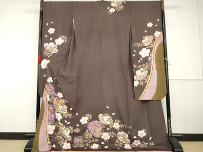 平和屋着物●豪華振袖　駒刺繍　吉祥枝花文　金糸　金彩　正絹　逸品　AABG6703cs