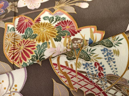平和屋着物●豪華振袖　駒刺繍　吉祥枝花文　金糸　金彩　正絹　逸品　AABG6703cs