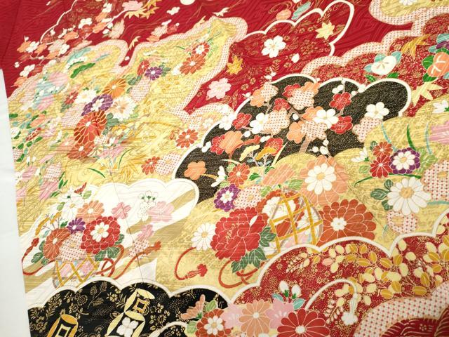 平和屋着物●豪華振袖　駒刺繍　御所車吉祥花毬文　金彩　正絹　逸品　AABG6710cs