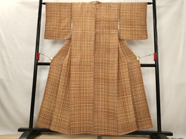 平和屋着物■上質な小紋　変わり格子文　鬼しぼ縮緬　正絹　逸品　AABG6722st