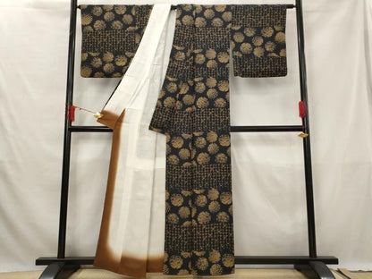 平和屋着物■上質な小紋　雪輪花文　黒地　金彩　正絹　逸品　AABG6733st