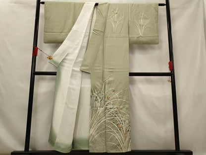 平和屋着物■訪問着　刺繍　花蝶文　暈し染め　金彩　正絹　逸品　AABG6738st