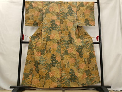平和屋着物■上質な小紋 紬地 切嵌更紗花文 正絹 逸品 未使用 AABG6793st