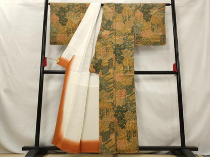 平和屋着物■上質な小紋 紬地 切嵌更紗花文 正絹 逸品 未使用 AABG6793st
