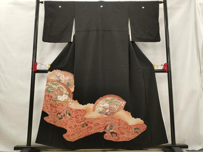 平和屋着物■豪華黒留袖　駒刺繍　流水扇面花文　暈し染め　金彩　正絹　逸品　AABG6866st