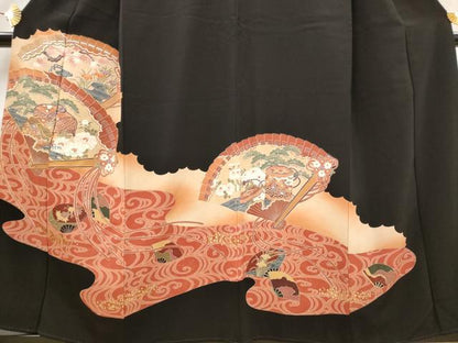 平和屋着物■豪華黒留袖　駒刺繍　流水扇面花文　暈し染め　金彩　正絹　逸品　AABG6866st
