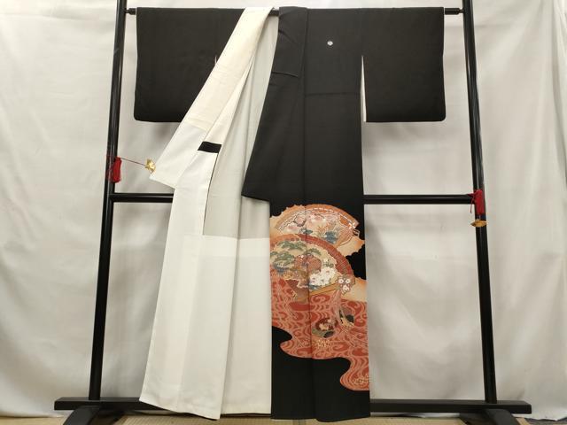 平和屋着物■豪華黒留袖　駒刺繍　流水扇面花文　暈し染め　金彩　正絹　逸品　AABG6866st