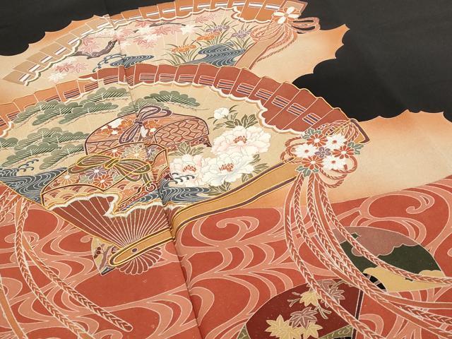 平和屋着物■豪華黒留袖　駒刺繍　流水扇面花文　暈し染め　金彩　正絹　逸品　AABG6866st