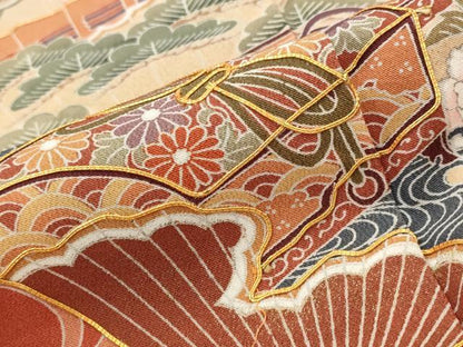 平和屋着物■豪華黒留袖　駒刺繍　流水扇面花文　暈し染め　金彩　正絹　逸品　AABG6866st