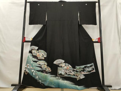 平和屋着物■豪華黒留袖　駒刺繍　螺鈿　桃山百華皿君子文　暈し染め　金銀彩　正絹　逸品　AABG6879st