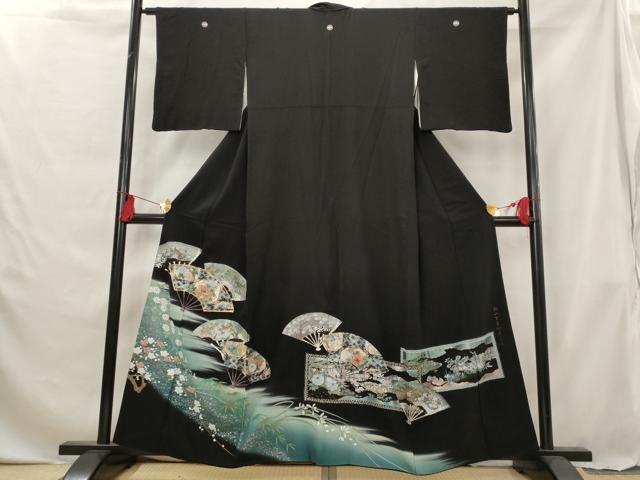 平和屋着物■豪華黒留袖　駒刺繍　螺鈿　桃山百華皿君子文　暈し染め　金銀彩　正絹　逸品　AABG6879st