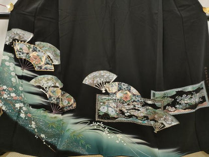 平和屋着物■豪華黒留袖　駒刺繍　螺鈿　桃山百華皿君子文　暈し染め　金銀彩　正絹　逸品　AABG6879st