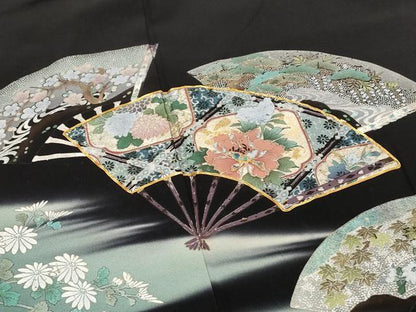 平和屋着物■豪華黒留袖　駒刺繍　螺鈿　桃山百華皿君子文　暈し染め　金銀彩　正絹　逸品　AABG6879st