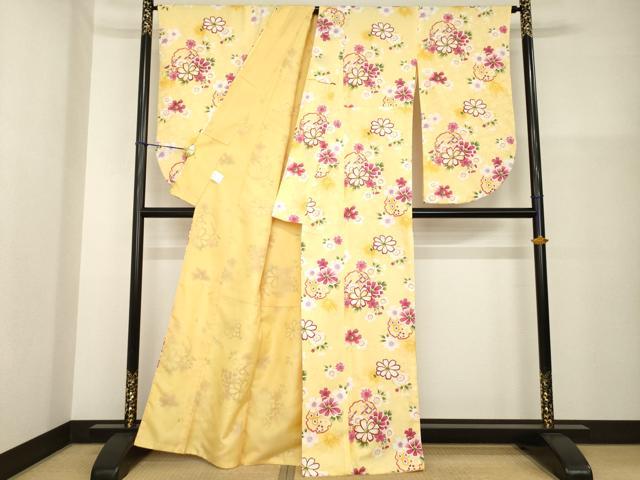 平和屋着物●小振袖　二尺袖　雪輪花文　金彩　洗える着物　AABG6945ck