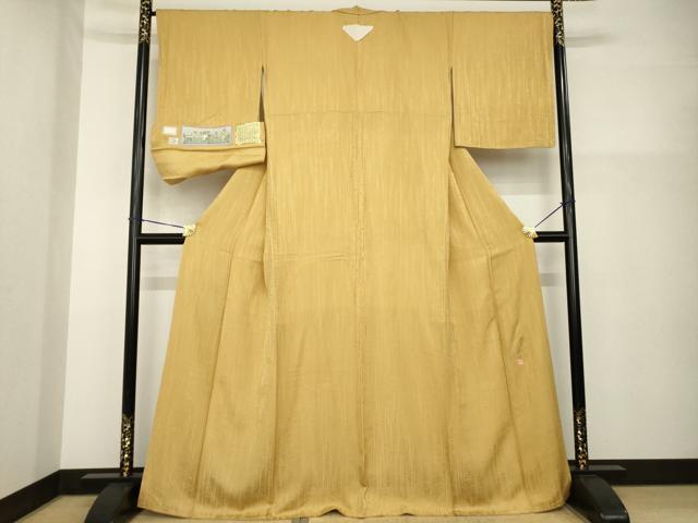 平和屋着物●龍道華彩　色無地　笹竹地紋　黄唐茶色　銀座おゝぎ屋扱い　反端付き　正絹　逸品　AABG6955ck