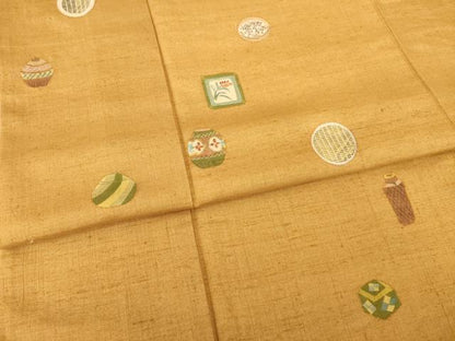 平和屋着物●訪問着　結城紬地　手描き　刺繍　器物文　金彩　正絹　逸品　AABG6966ck