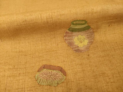 平和屋着物●訪問着　結城紬地　手描き　刺繍　器物文　金彩　正絹　逸品　AABG6966ck