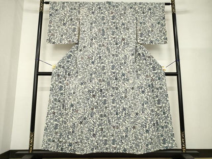 平和屋着物▽上質な小紋 単衣 型染め 草花文 鬼しぼ縮緬 正絹 逸品 AABG6968ck