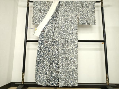平和屋着物▽上質な小紋 単衣 型染め 草花文 鬼しぼ縮緬 正絹 逸品 AABG6968ck