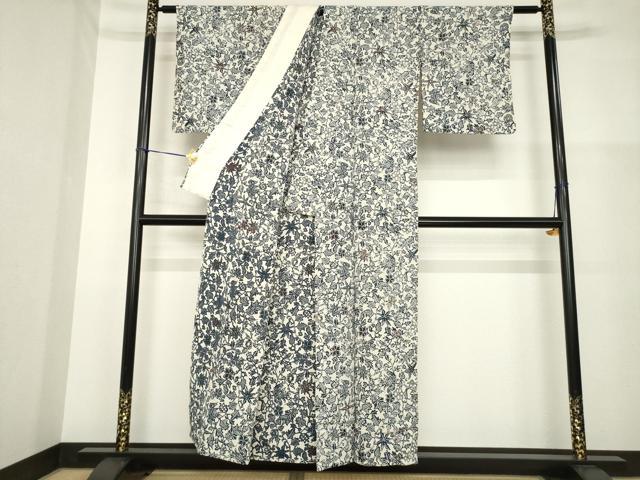 平和屋着物▽上質な小紋 単衣 型染め 草花文 鬼しぼ縮緬 正絹 逸品 AABG6968ck