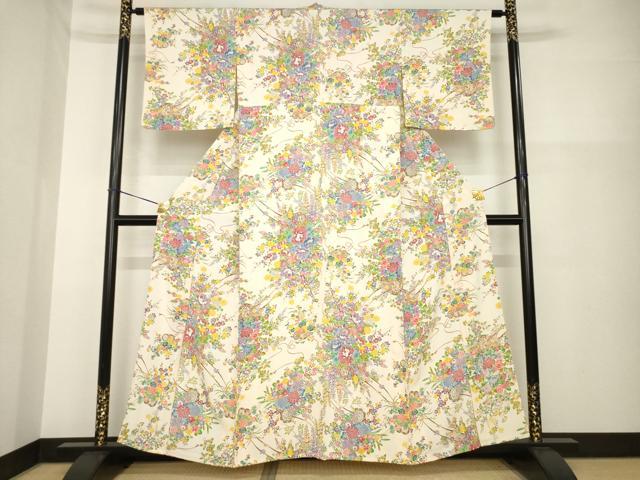 平和屋着物▽上質な小紋　単衣　花車文　正絹　逸品　AABG6971ck