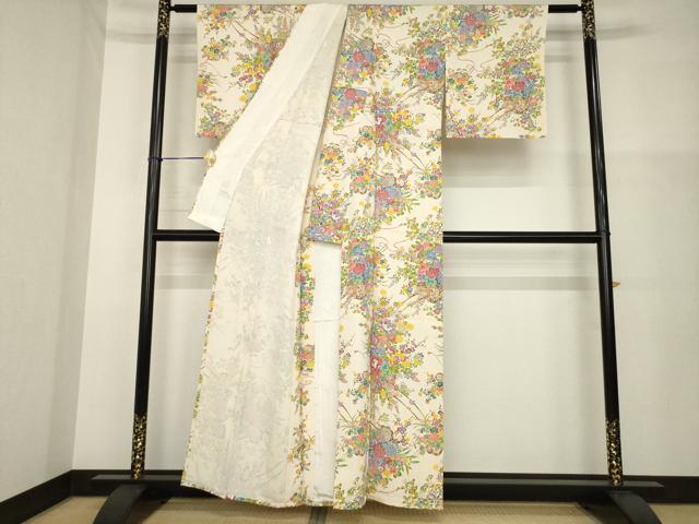 平和屋着物▽上質な小紋　単衣　花車文　正絹　逸品　AABG6971ck