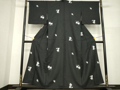 平和屋着物▽小紋 単衣 辻が花 草花文 黒地 洗える着物 AABG6972ck