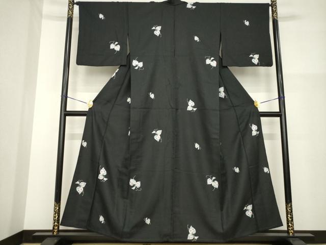 平和屋着物▽小紋 単衣 辻が花 草花文 黒地 洗える着物 AABG6972ck