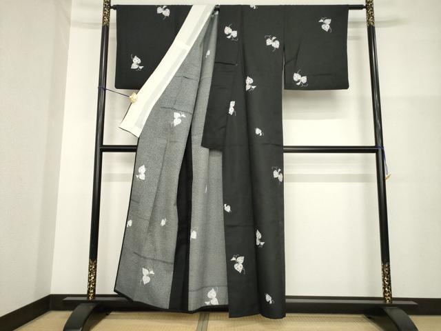 平和屋着物▽小紋 単衣 辻が花 草花文 黒地 洗える着物 AABG6972ck