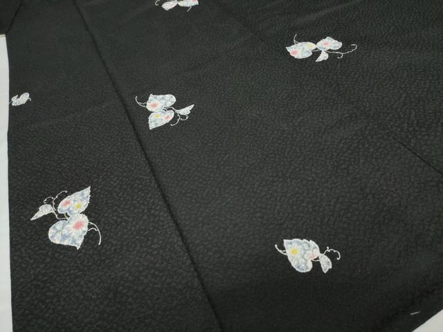 平和屋着物▽小紋 単衣 辻が花 草花文 黒地 洗える着物 AABG6972ck