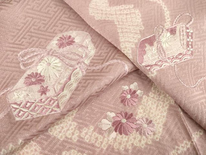 平和屋着物▽訪問着 単衣 絞り 刺繍 花文箱文 正絹 逸品 AABG6974ck