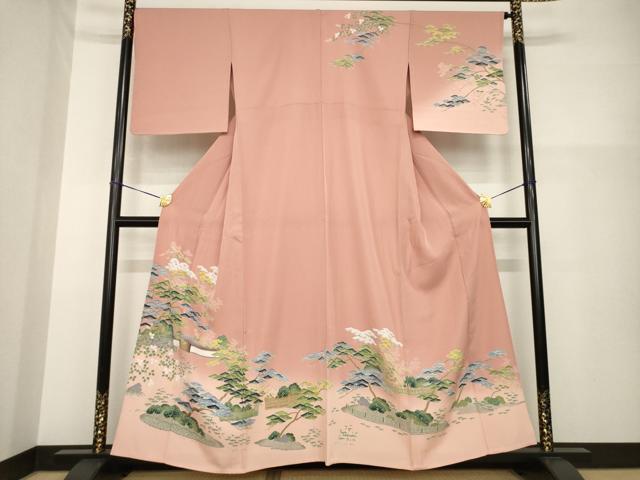 平和屋着物▽訪問着 単衣 友禅 風景松文 正絹 逸品 AABG6976ck