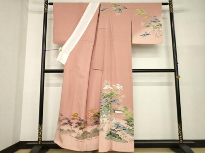 平和屋着物▽訪問着 単衣 友禅 風景松文 正絹 逸品 AABG6976ck