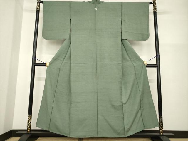 平和屋着物▽上質な紬 単衣 色無地 柳煤竹色 正絹 逸品 AABG6982ck