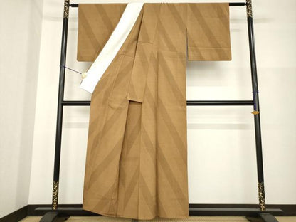 平和屋着物▽本塩沢 単衣 110亀甲 斜縞 正絹 逸品 AABG6985ck