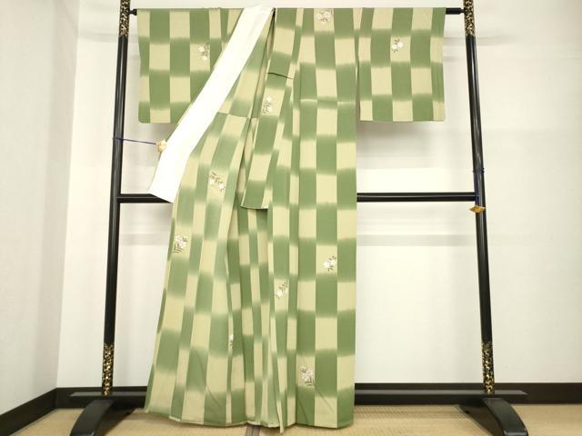 平和屋着物▽訪問着 単衣 市松花文 正絹 逸品 AABG6986ck