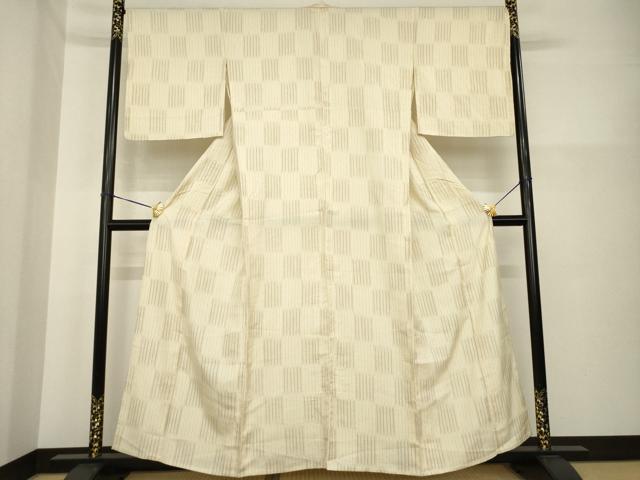 平和屋着物▽上質な小紋 単衣 紬地 市松文 正絹 逸品 AABG6987ck