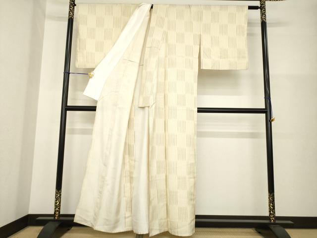 平和屋着物▽上質な小紋 単衣 紬地 市松文 正絹 逸品 AABG6987ck