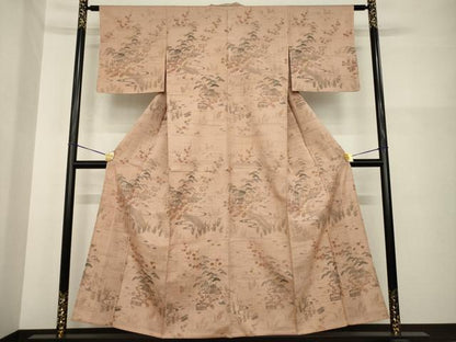 平和屋着物▽訪問着 単衣 紬地 型染め 風景花文 正絹 逸品 AABG6996ck