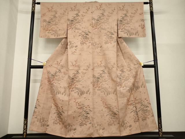 平和屋着物▽訪問着 単衣 紬地 型染め 風景花文 正絹 逸品 AABG6996ck