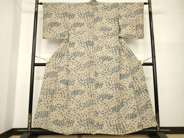 平和屋着物▽上質な小紋 単衣 型染め 地紙花文 鬼しぼ縮緬 正絹 逸品 AABG6998ck