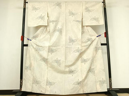 平和屋着物▽上質な紬 単衣 舞蝶文 正絹 逸品 AABG7003jh