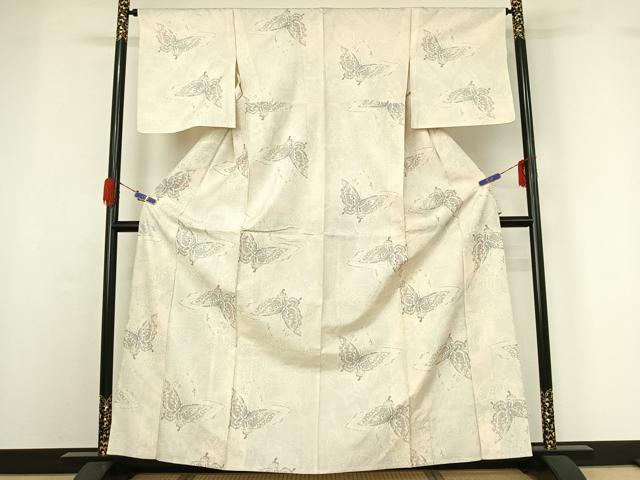 平和屋着物▽上質な紬 単衣 舞蝶文 正絹 逸品 AABG7003jh