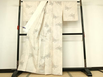平和屋着物▽上質な紬 単衣 舞蝶文 正絹 逸品 AABG7003jh
