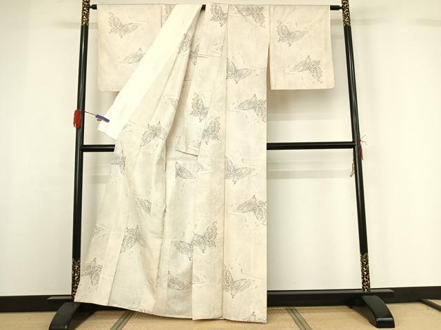 平和屋着物▽上質な紬 単衣 舞蝶文 正絹 逸品 AABG7003jh