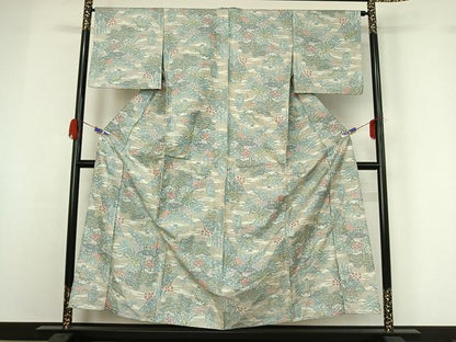 平和屋着物▽上質な紬 単衣 風景文 正絹 逸品 AABG7006jh