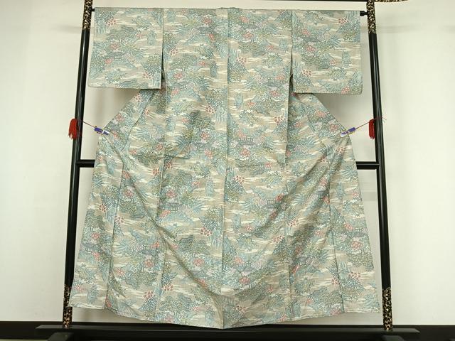 平和屋着物▽上質な紬 単衣 風景文 正絹 逸品 AABG7006jh